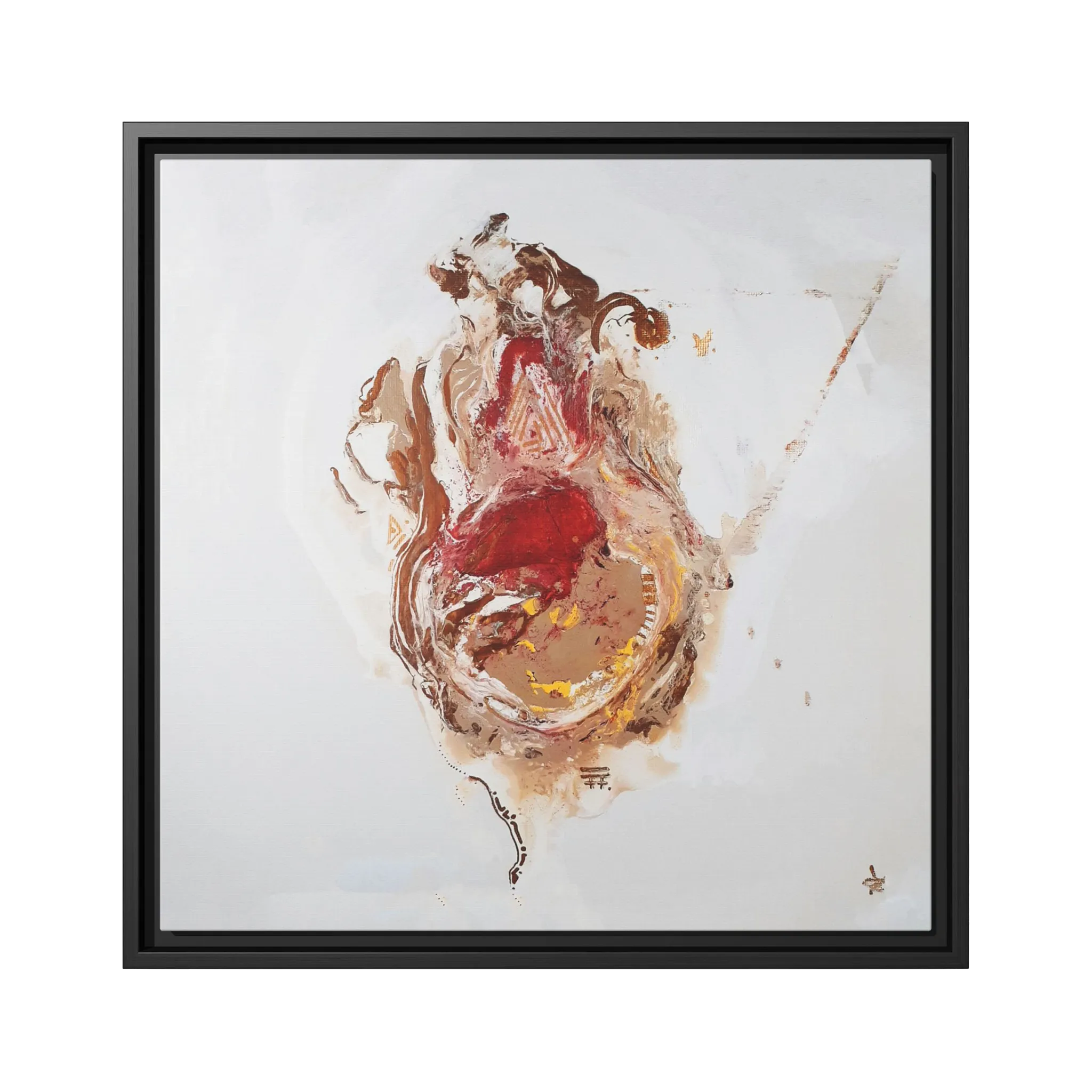  A front preview of the 20″ x 20″ "Face Lift" FREEBRD abstract acrylic painting wall art canvas showing a stylized figure with red earth tones on a light background and a black frame encasing.