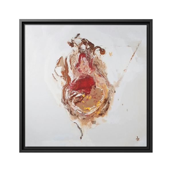 A front preview of the 20″ x 20″ "Face Lift" FREEBRD abstract acrylic painting wall art canvas showing a stylized figure with red earth tones on a light background and a black frame encasing.