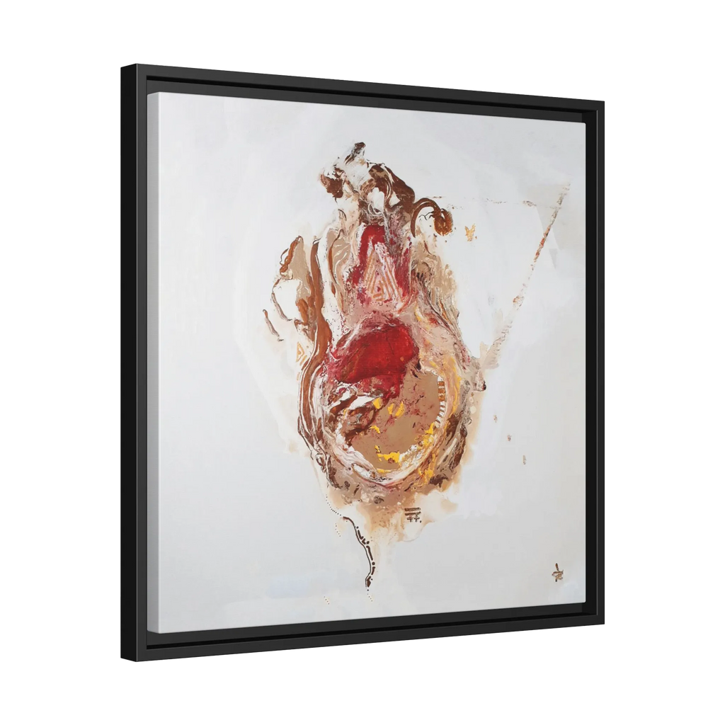 A side preview of the 20″ x 20″ "Face Lift" FREEBRD abstract acrylic painting wall art canvas showing a stylized figure with red earth tones on a light background and a black frame encasing.