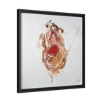 A side preview of the 20″ x 20″ "Face Lift" FREEBRD abstract acrylic painting wall art canvas showing a stylized figure with red earth tones on a light background and a black frame encasing.