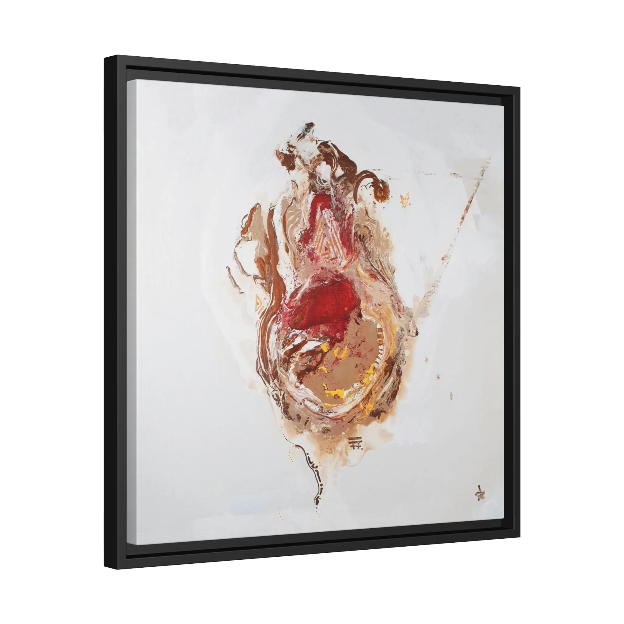  A side preview of the 20″ x 20″ "Face Lift" FREEBRD abstract acrylic painting wall art canvas showing a stylized figure with red earth tones on a light background and a black frame encasing.