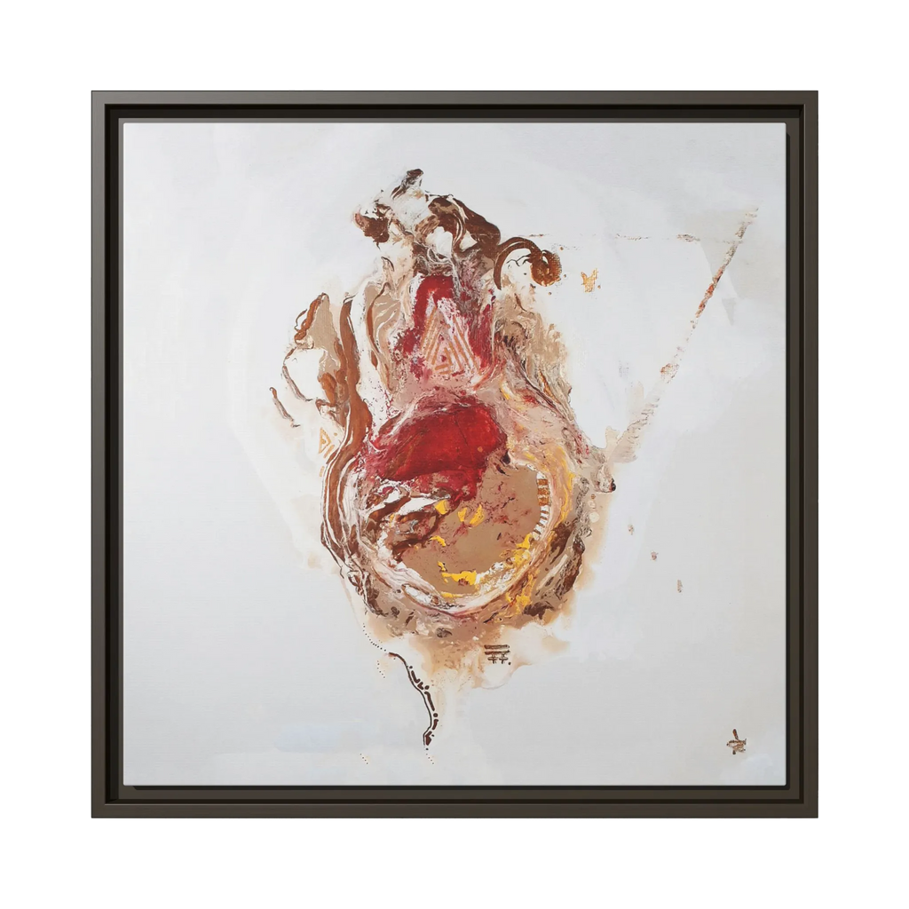 A front preview of the 20″ x 20″ "Face Lift" FREEBRD abstract acrylic painting wall art canvas showing a stylized figure with red earth tones on a light background and espresso frame encasing.