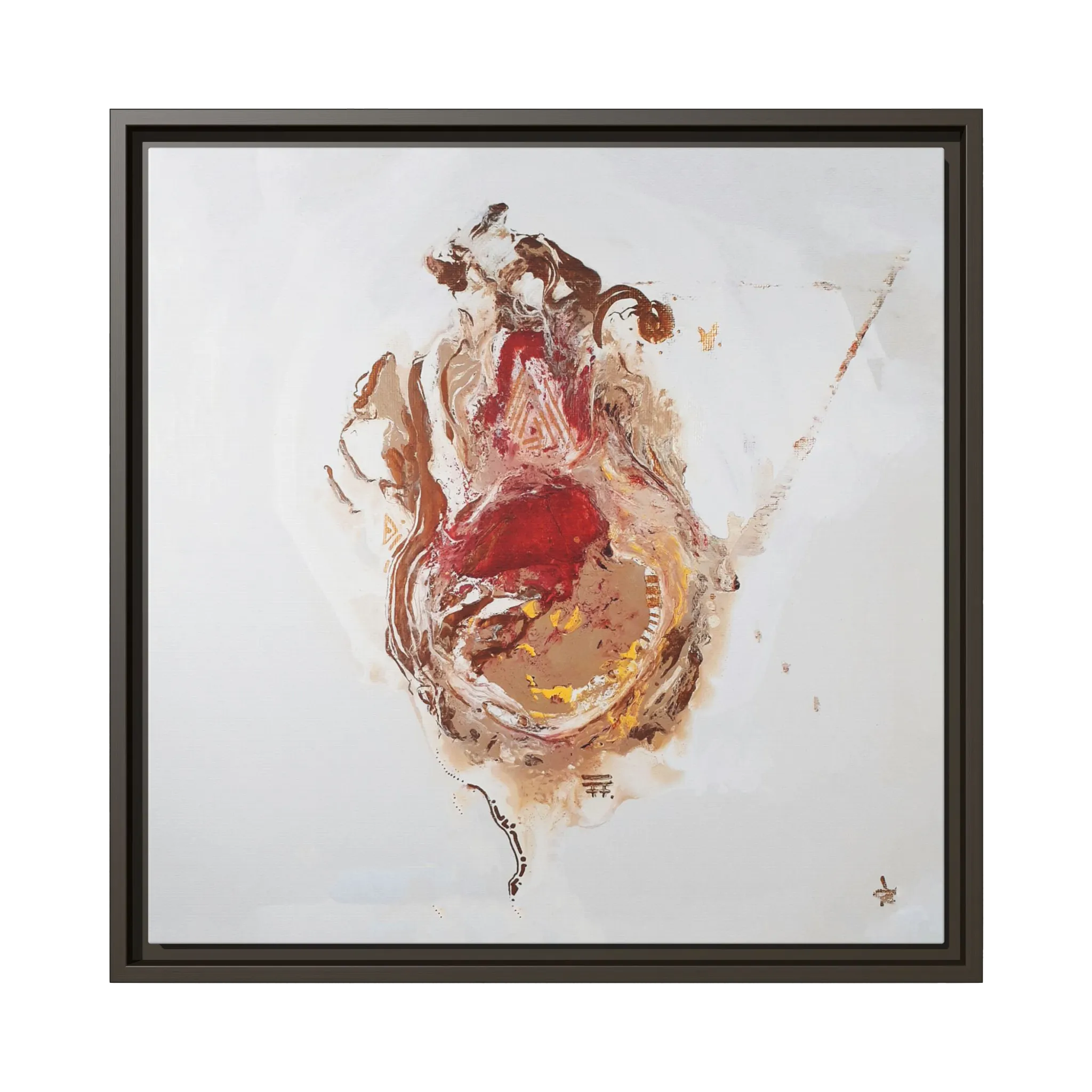  A front preview of the 20″ x 20″ "Face Lift" FREEBRD abstract acrylic painting wall art canvas showing a stylized figure with red earth tones on a light background and n espresso frame encasing.