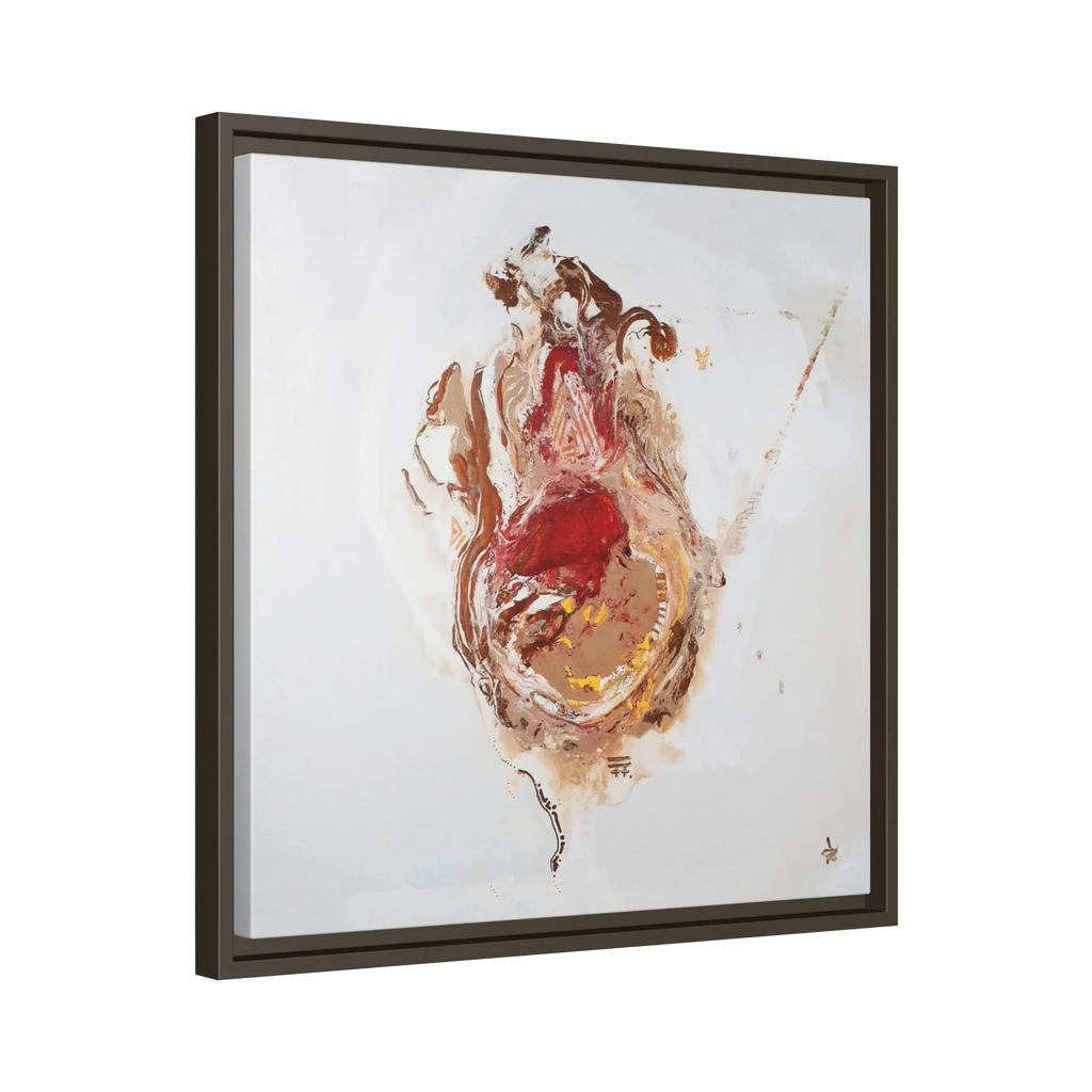 A side preview of the 20″ x 20″ "Face Lift" FREEBRD abstract acrylic painting wall art canvas showing a stylized figure with red earth tones on a light background and an espresso frame encasing.