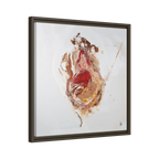 A side preview of the 20″ x 20″ "Face Lift" FREEBRD abstract acrylic painting wall art canvas showing a stylized figure with red earth tones on a light background and an espresso frame encasing.
