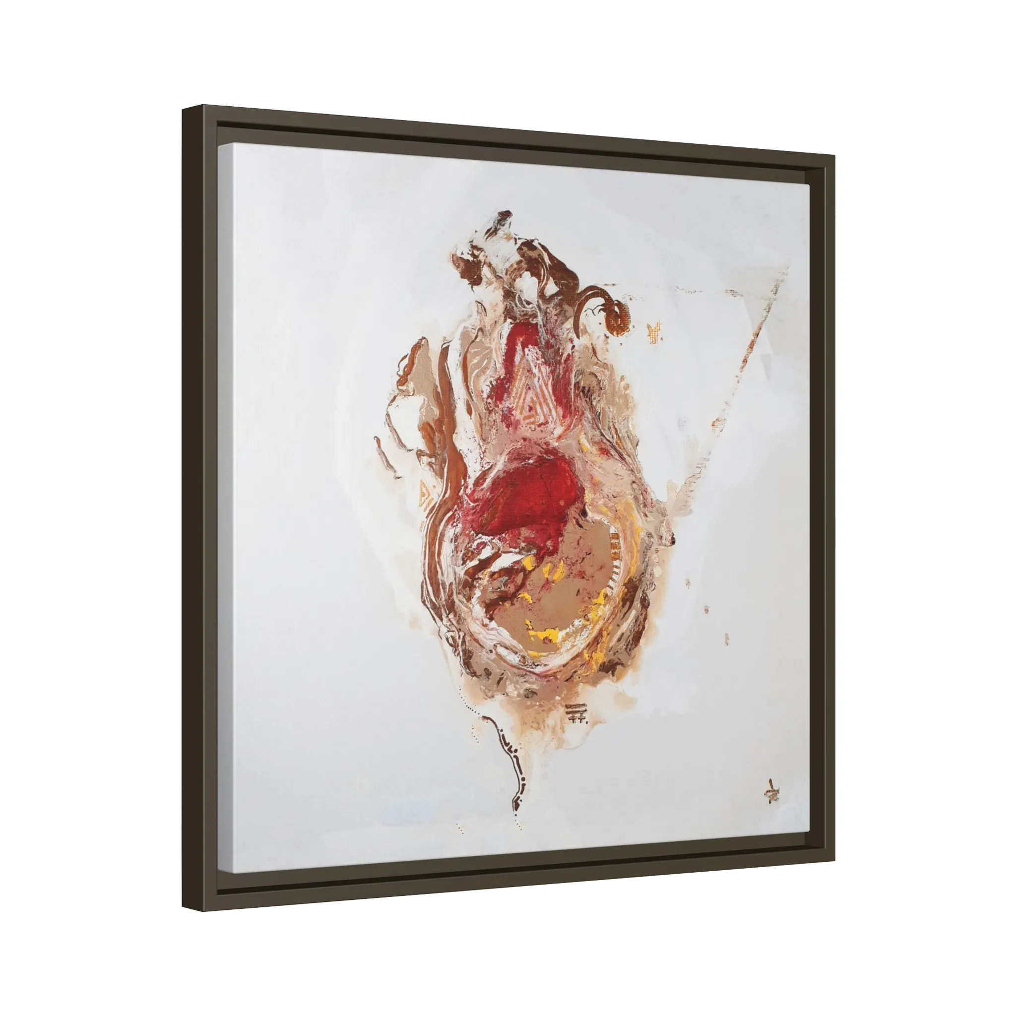  A side preview of the 20″ x 20″ "Face Lift" FREEBRD abstract acrylic painting wall art canvas showing a stylized figure with red earth tones on a light background and an espresso frame encasing.