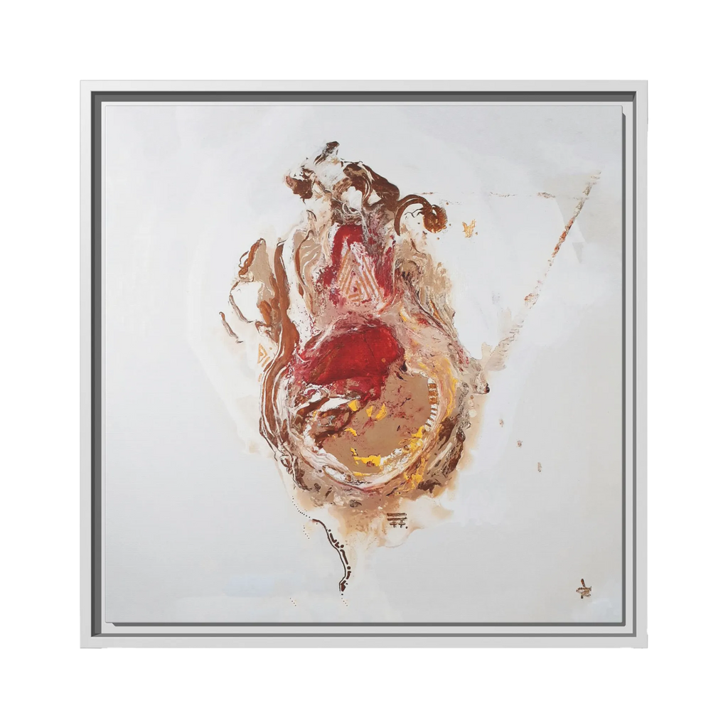 A front preview of the 20″ x 20″ "Face Lift" FREEBRD abstract acrylic painting wall art canvas showing a stylized figure with red earth tones on a light background and a white frame encasing.