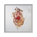 A front preview of the 20″ x 20″ "Face Lift" FREEBRD abstract acrylic painting wall art canvas showing a stylized figure with red earth tones on a light background and a white frame encasing.