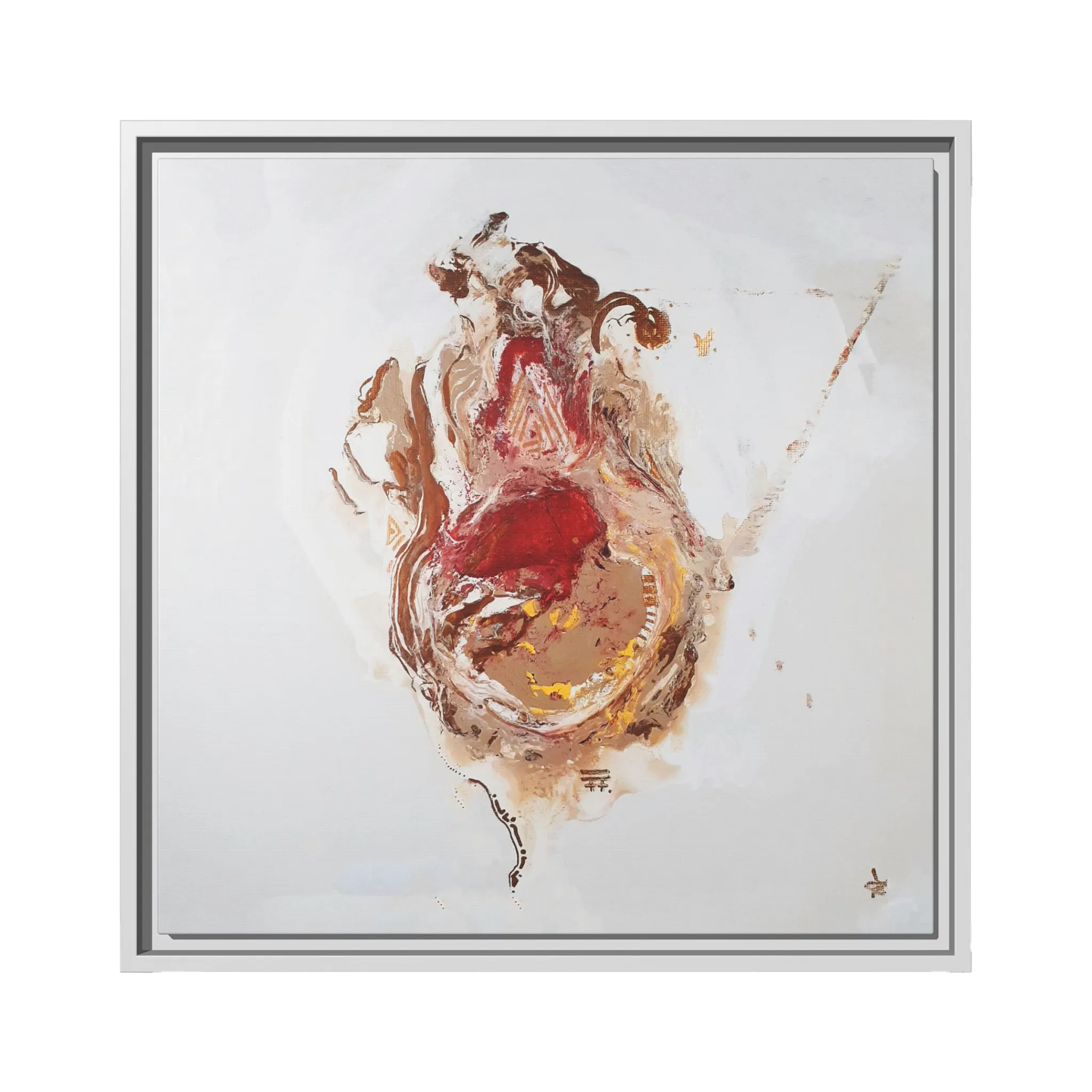  A front preview of the 20″ x 20″ "Face Lift" FREEBRD abstract acrylic painting wall art canvas showing a stylized figure with red earth tones on a light background and a white frame encasing.