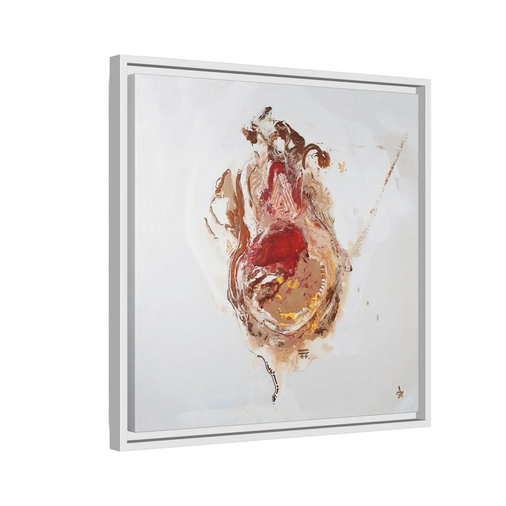 A side preview of the 20″ x 20″ "Face Lift" FREEBRD abstract acrylic painting wall art canvas showing a stylized figure with red earth tones on a light background and an white frame encasing.