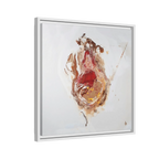 A side preview of the 20″ x 20″ "Face Lift" FREEBRD abstract acrylic painting wall art canvas showing a stylized figure with red earth tones on a light background and an white frame encasing.