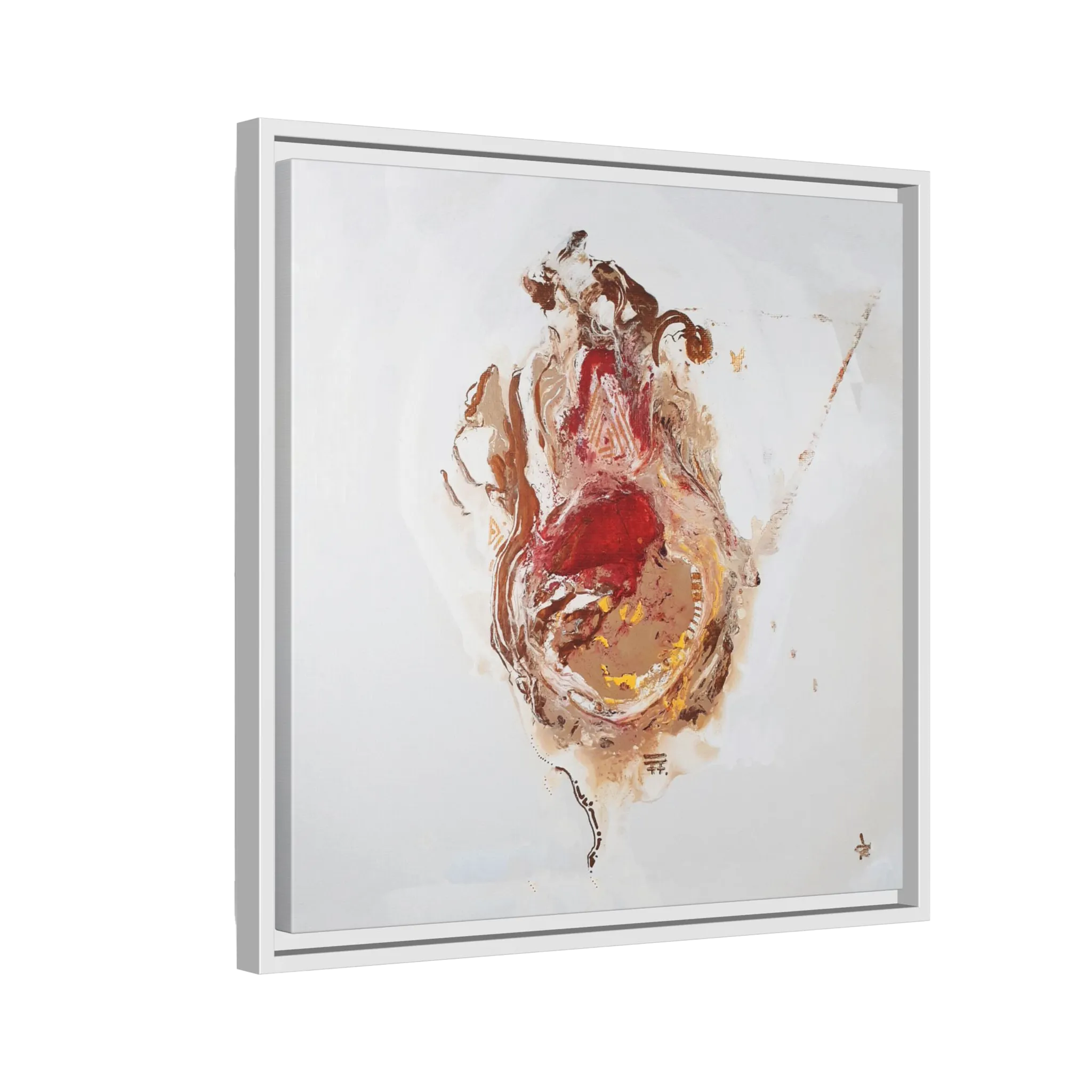  A side preview of the 20″ x 20″ "Face Lift" FREEBRD abstract acrylic painting wall art canvas showing a stylized figure with red earth tones on a light background and an white frame encasing.