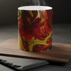 Freebrd Lava Swirl color changing ceramic mug right back view showing vivid red gold and yellow abstract lava swirl design with white interior and black C-handle.
