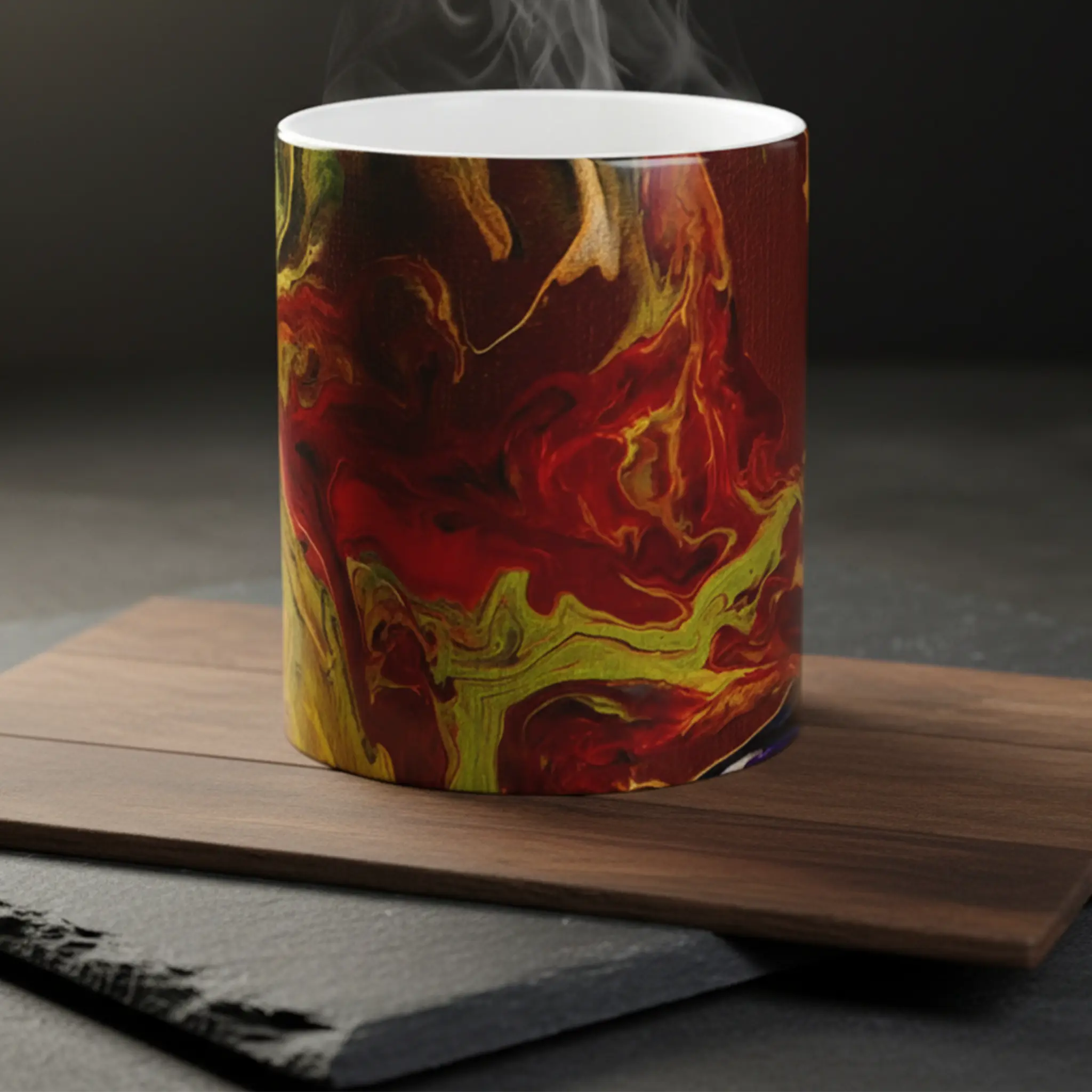 Freebrd Lava Swirl color changing ceramic mug right back view showing vivid red gold and yellow abstract lava swirl design with white interior and black C-handle.