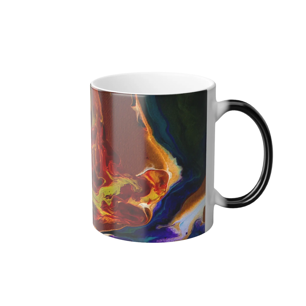 Freebrd Lava Swirl color changing ceramic mug front right angle showing dramatic red gold and yellow lava swirl design with black heat-reactive C-handle.