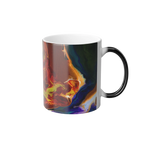 Freebrd Lava Swirl color changing ceramic mug front right angle showing dramatic red gold and yellow lava swirl design with black heat-reactive C-handle.