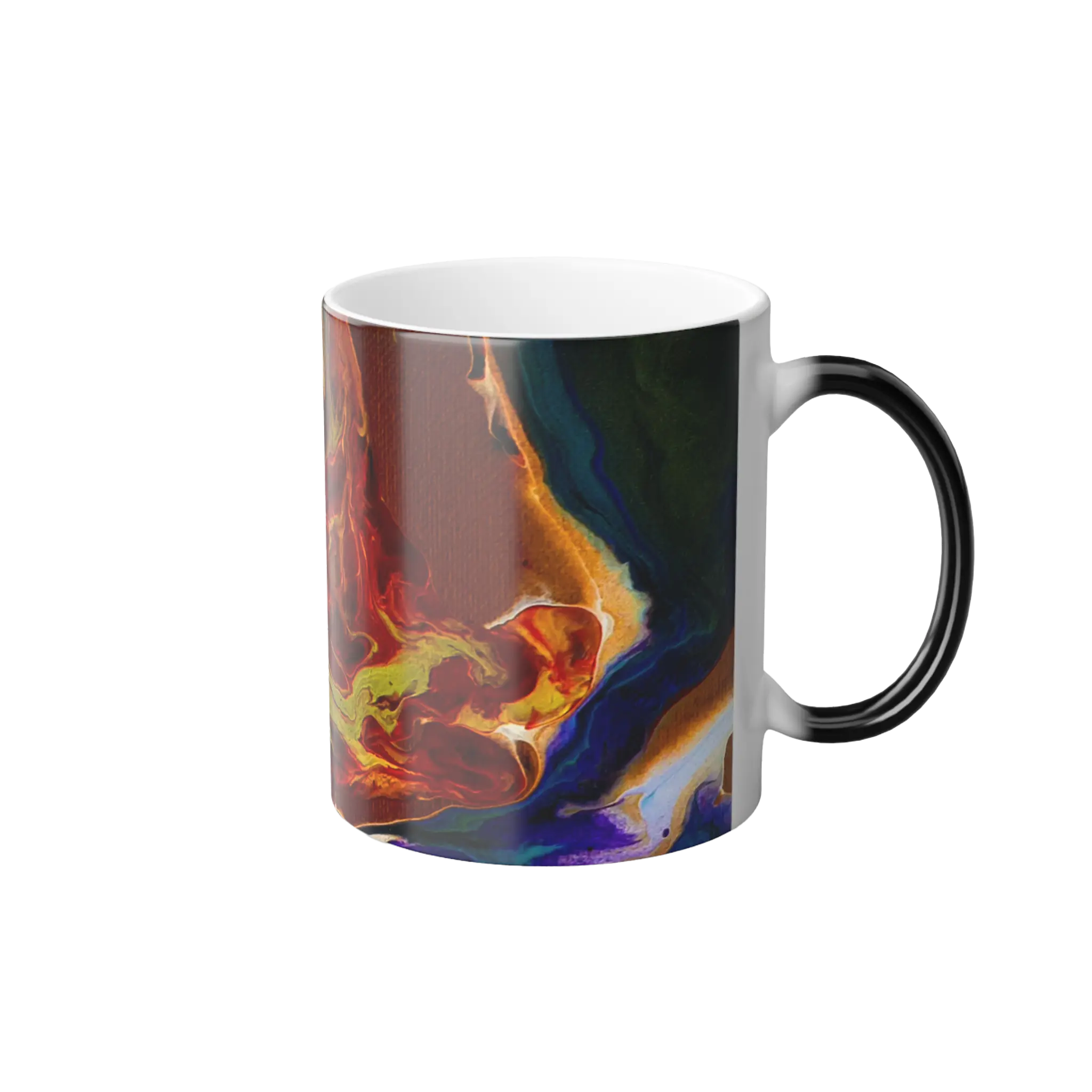Freebrd Lava Swirl color changing ceramic mug front right angle showing dramatic red gold and yellow lava swirl design with black heat-reactive C-handle.