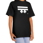 A woman wearing a black FREEBRD Logo Classic T-Shirt, close-up showing the white FREEBRD logo on the chest.