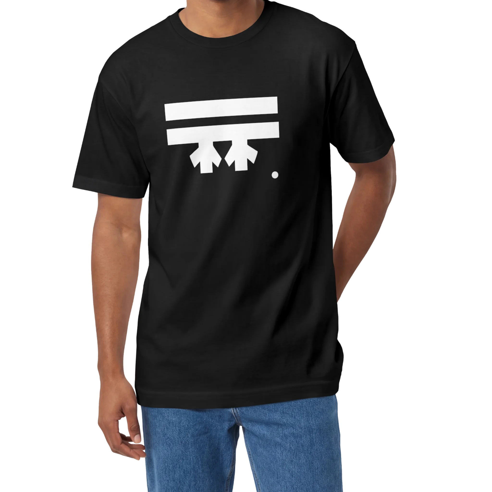 A man wearing a black FREEBRD Logo Classic T-Shirt, close-up showing the white FREEBRD logo on the chest.