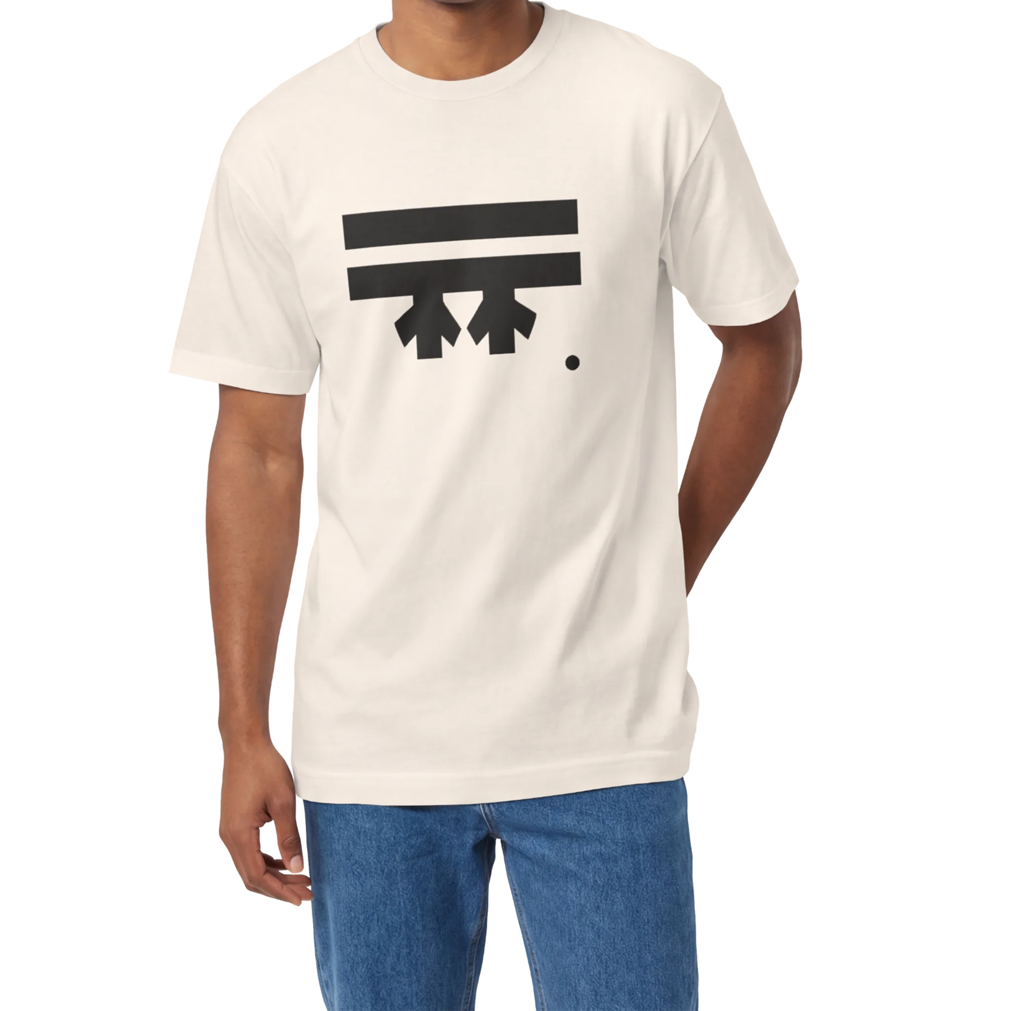 A man wearing a cream FREEBRD Logo Classic T-Shirt, close-up showing the black FREEBRD logo on the chest.