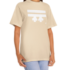 A woman wearing a sand FREEBRD Logo Classic T-Shirt, close-up showing the white FREEBRD logo on the chest.