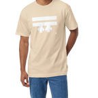 A man wearing a sand FREEBRD Logo Classic T-Shirt, close-up showing the white FREEBRD logo on the chest.