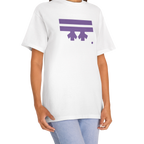 A woman wearing a white FREEBRD Logo Classic T-Shirt, close-up showing the purple FREEBRD logo on the chest.