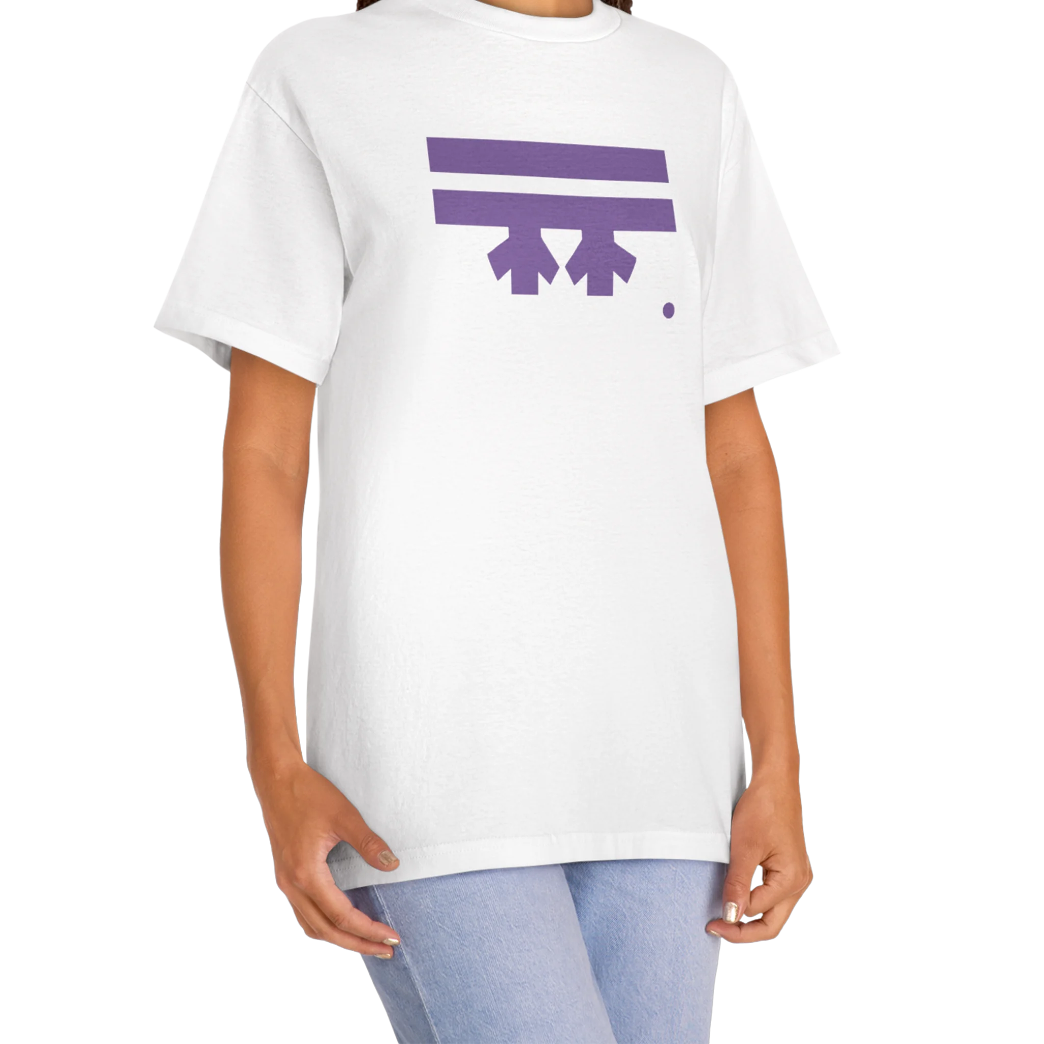 A woman wearing a white FREEBRD Logo Classic T-Shirt, close-up showing the purple FREEBRD logo on the chest.