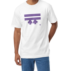 A man wearing a white FREEBRD Logo Classic T-Shirt, close-up showing the purple FREEBRD logo on the chest.