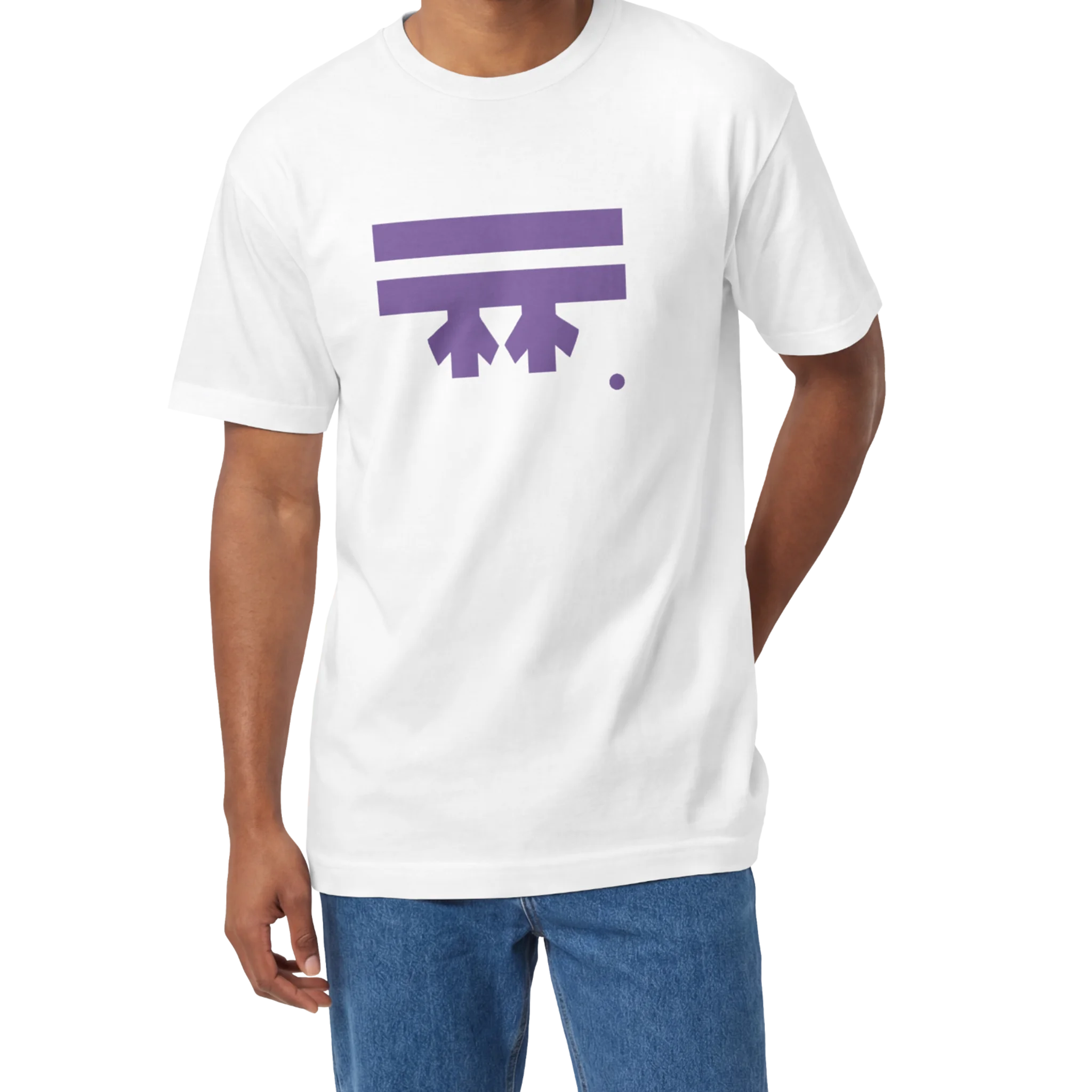 A man wearing a white FREEBRD Logo Classic T-Shirt, close-up showing the purple FREEBRD logo on the chest.