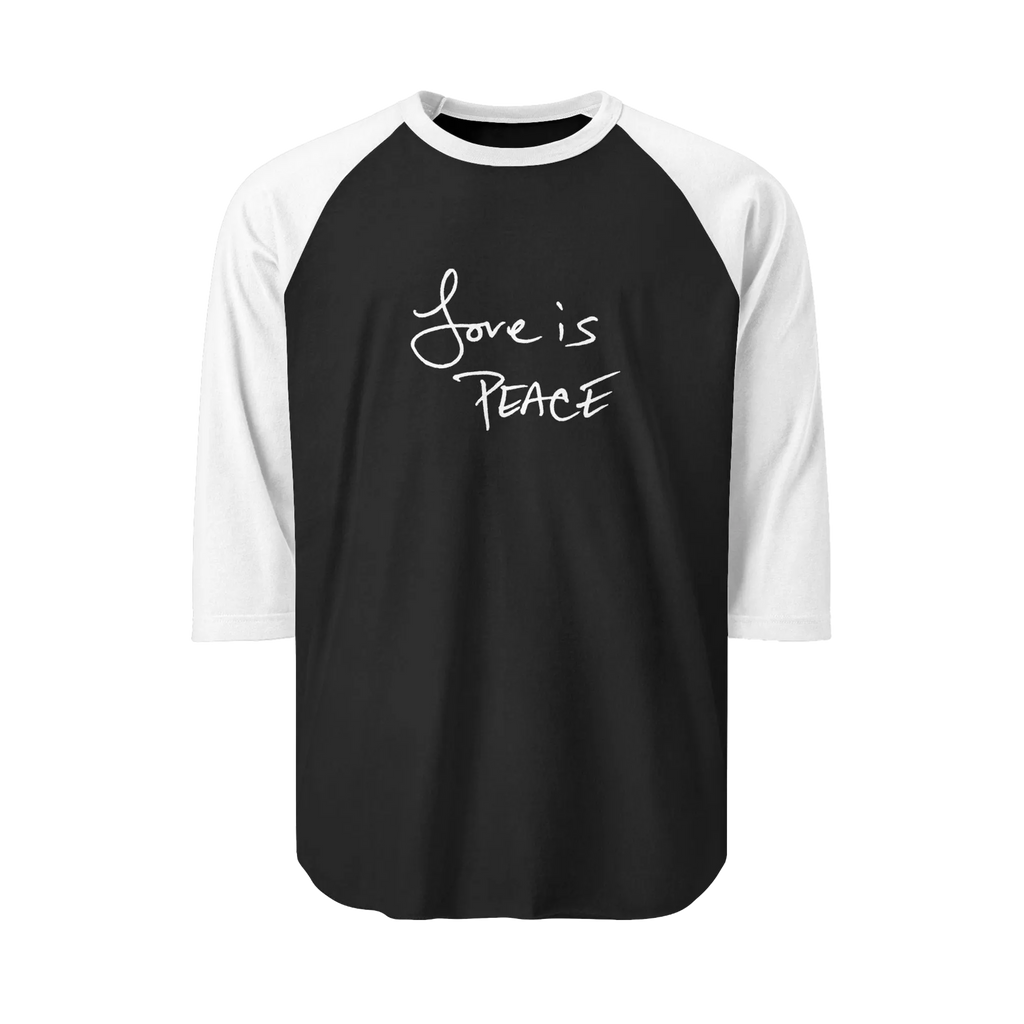 A Black/White Unisex three-quarter Sleeve Baseball Raglan Tee with white Sleeves on black Shirt and "Love is Peace" in white text.