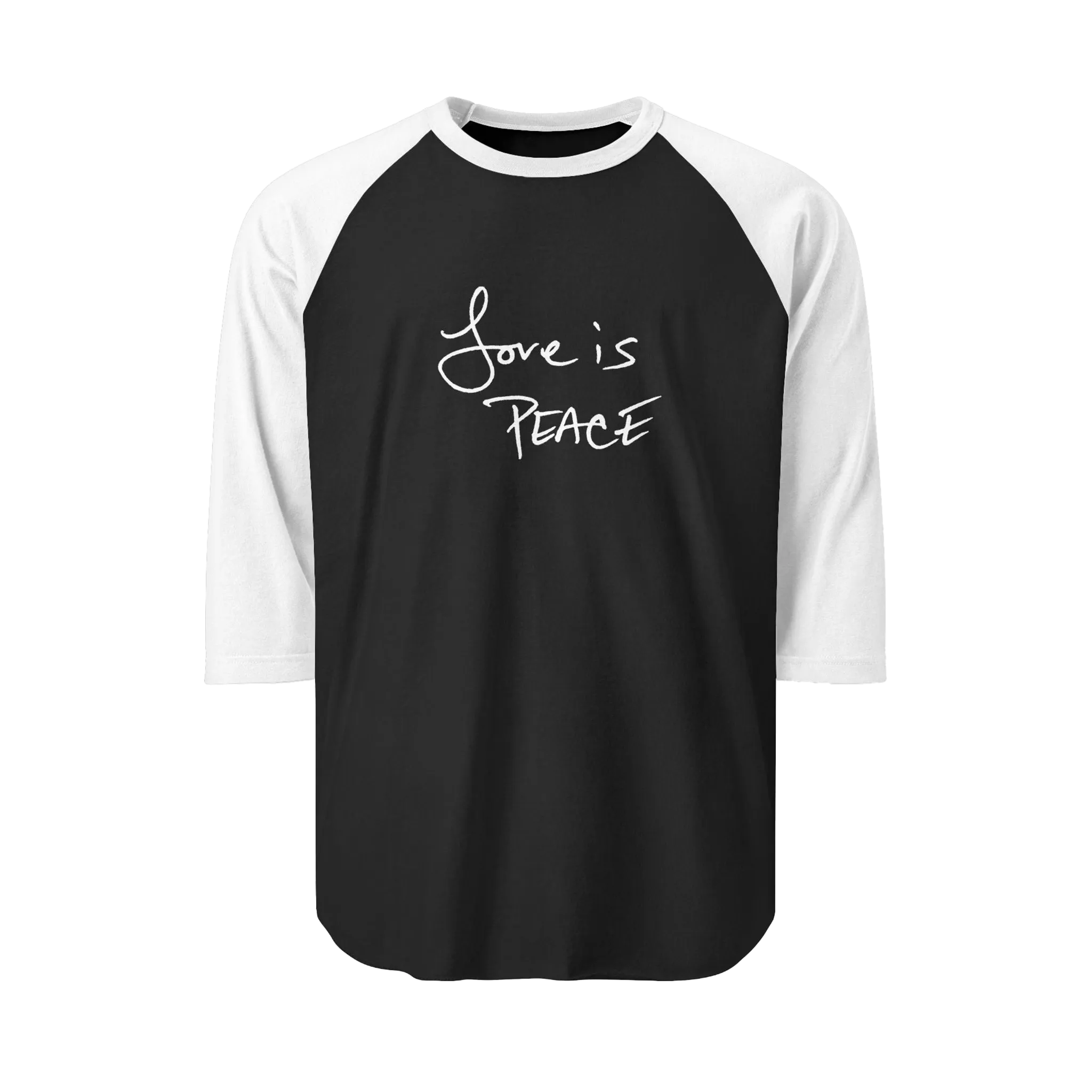 A Black/White Unisex three-quarter Sleeve Baseball Raglan Tee with white Sleeves on black Shirt and "Love is Peace" in white text.