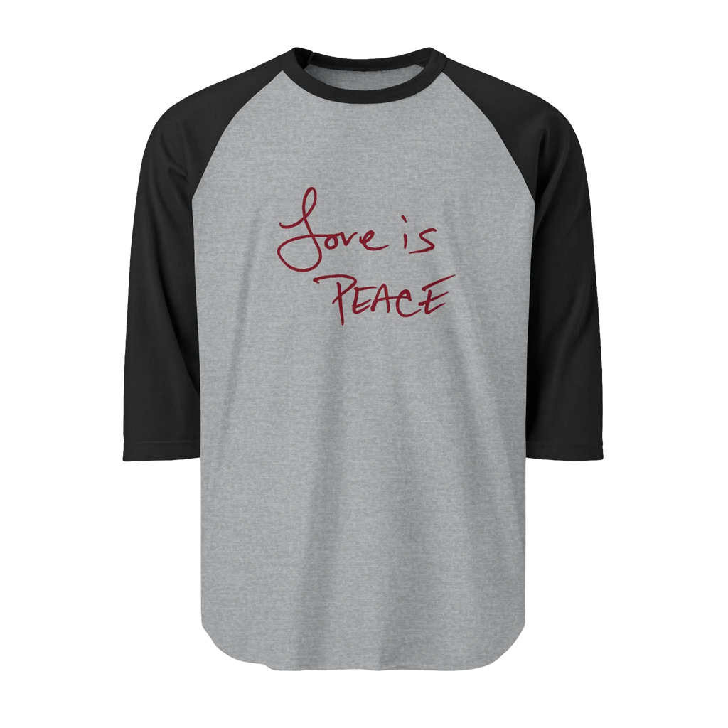 A Heather Grey/Black Unisex three-quarter Sleeve Baseball Raglan Tee with black sleeves on Heather Grey Shirt and "Love is Peace" in red text.