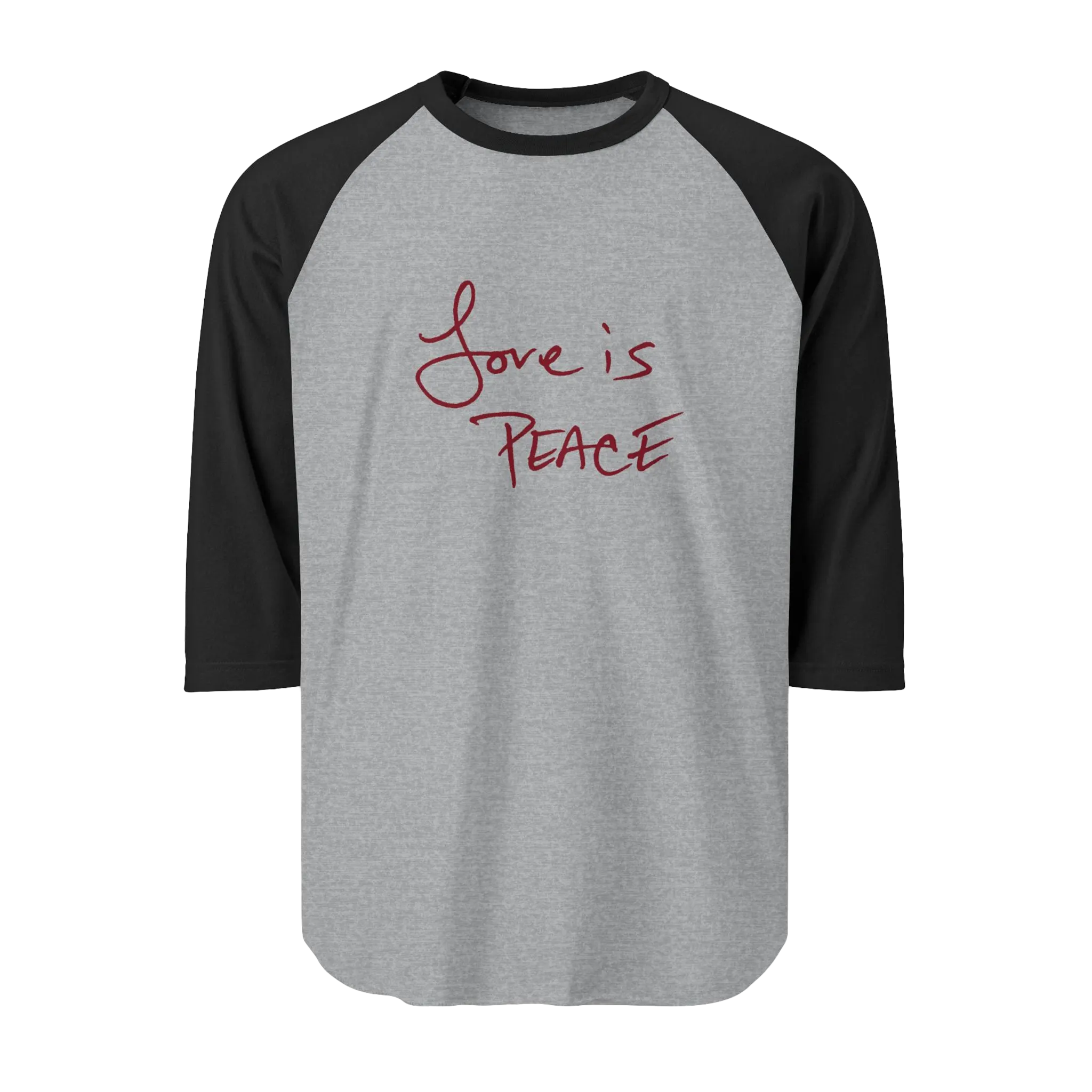 A Heather Grey/Black Unisex three-quarter Sleeve Baseball Raglan Tee with black sleeves on Heather Grey Shirt and "Love is Peace" in red text.