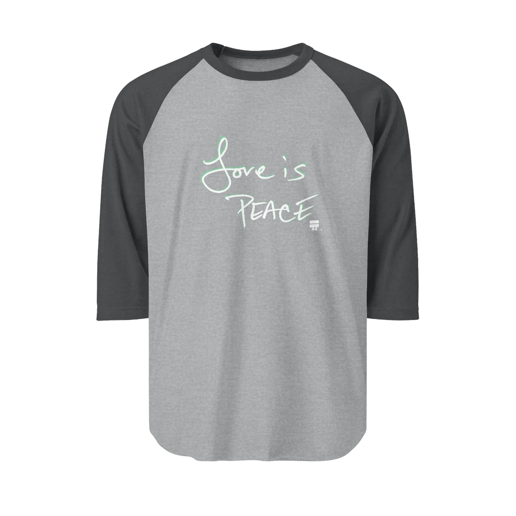 A Heather Grey/Heather Charcoal Unisex three-quarter Sleeve Baseball Raglan Tee with Heather Charcoal Sleeves on Heather Grey Shirt and "Love is Peace" in white text.