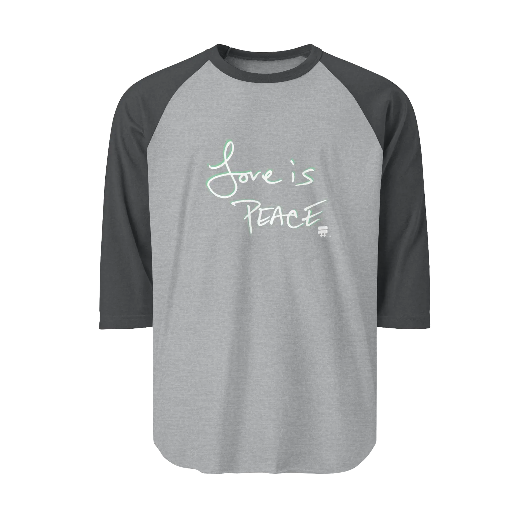A Heather Grey/Heather Charcoal Unisex three-quarter Sleeve Baseball Raglan Tee with Heather Charcoal Sleeves on Heather Grey Shirt and "Love is Peace" in white text.