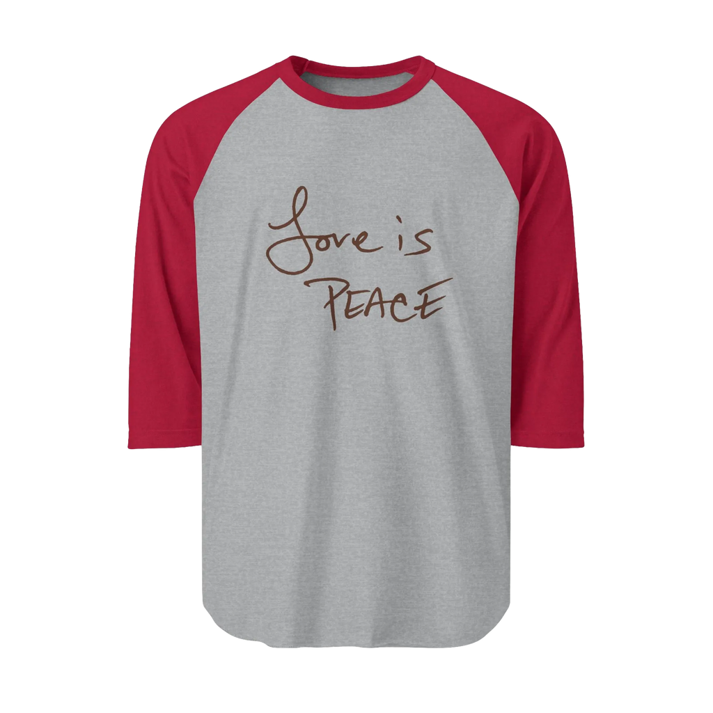 A Heather Grey/Heather Red Unisex three-quarter Sleeve Baseball Raglan Tee with heather red Sleeves on a heather grey Shirt and "Love is Peace" in chocolate text.