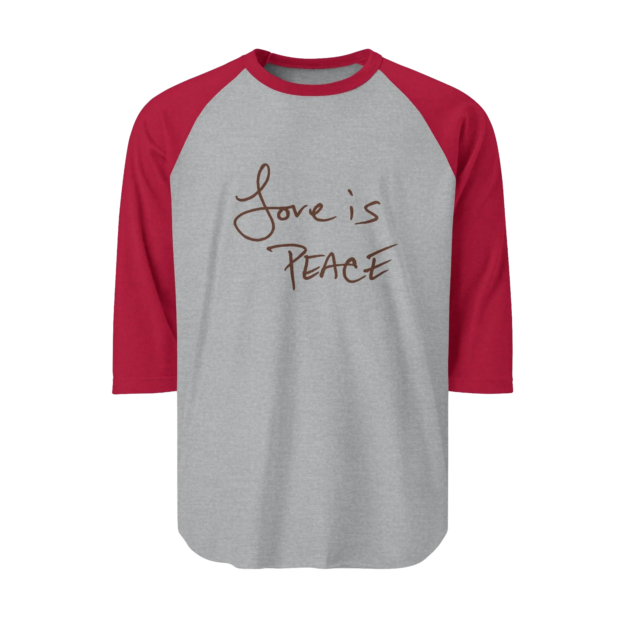 A Heather Grey/Heather Red Unisex three-quarter Sleeve Baseball Raglan Tee with heather red Sleeves on a heather grey Shirt and "Love is Peace" in chocolate text.