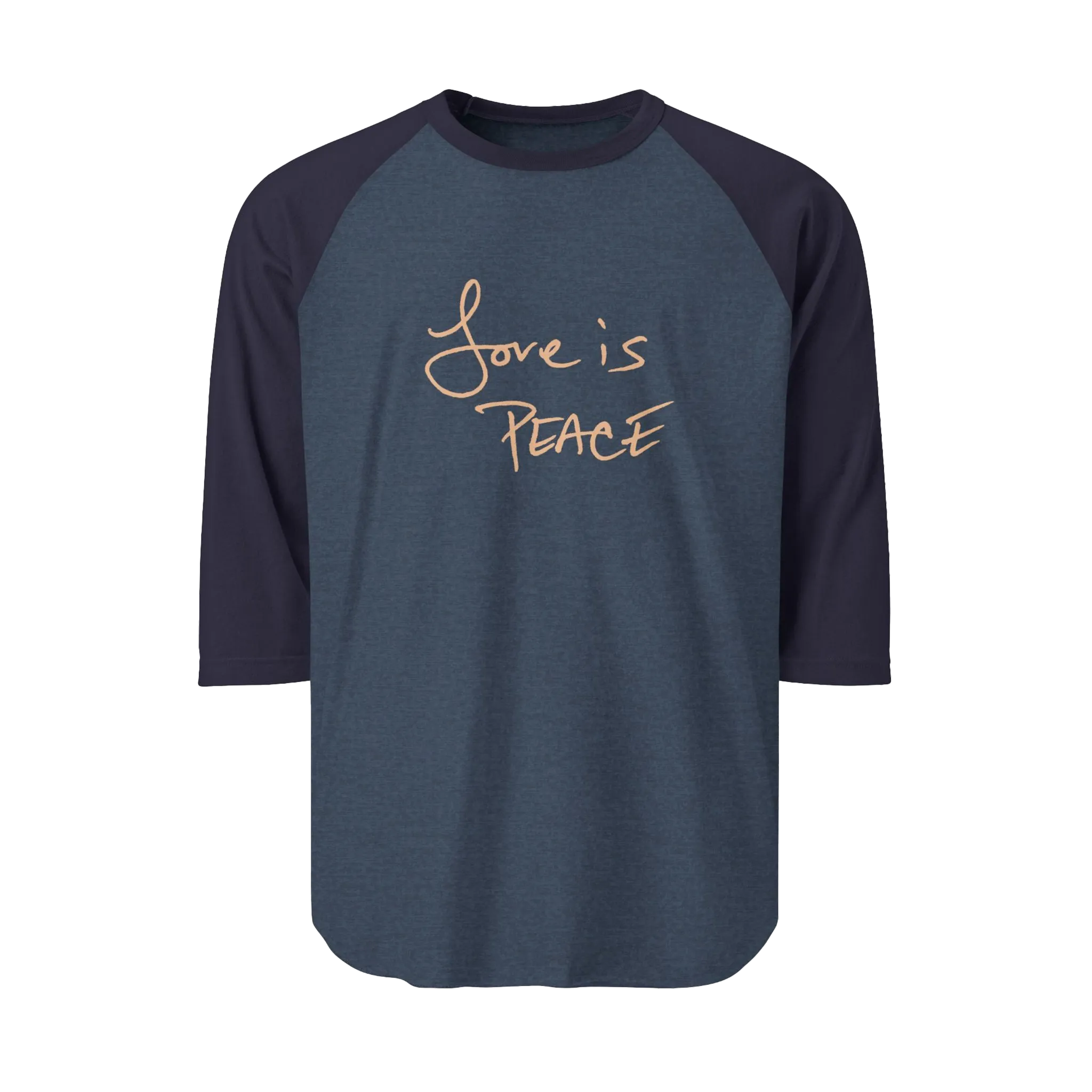 A Heather Denim/Navy Blue Unisex three-quarter Sleeve Baseball Raglan Tee with navy Sleeves on a heather denim shirt and "Love is Peace" in khaki text.
