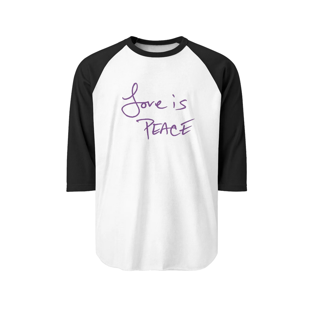 A white/Black Unisex three-quarter Sleeve Baseball Raglan Tee with black sleeves on white Shirt and "Love is Peace" in purple text.