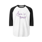 A white/Black Unisex three-quarter Sleeve Baseball Raglan Tee with black sleeves on white Shirt and "Love is Peace" in purple text.