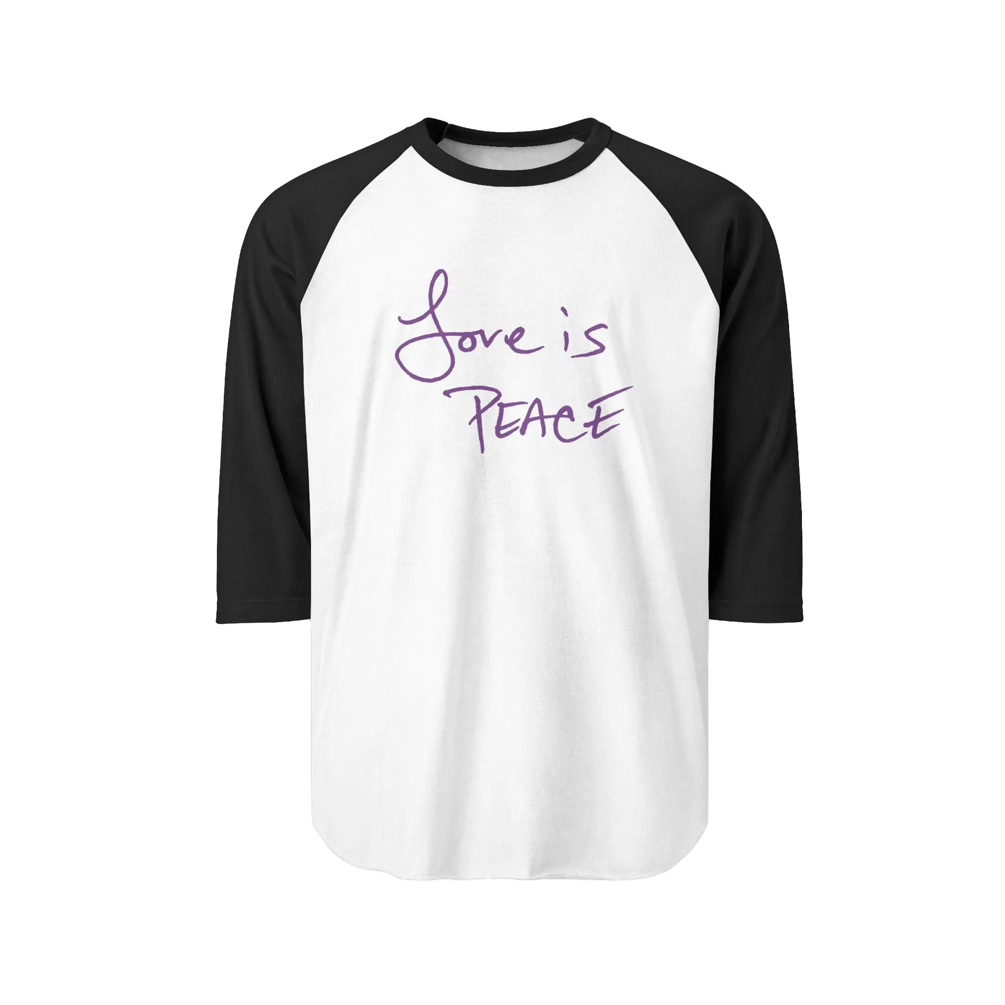 A white/Black Unisex three-quarter Sleeve Baseball Raglan Tee with black sleeves on white Shirt and "Love is Peace" in purple text.