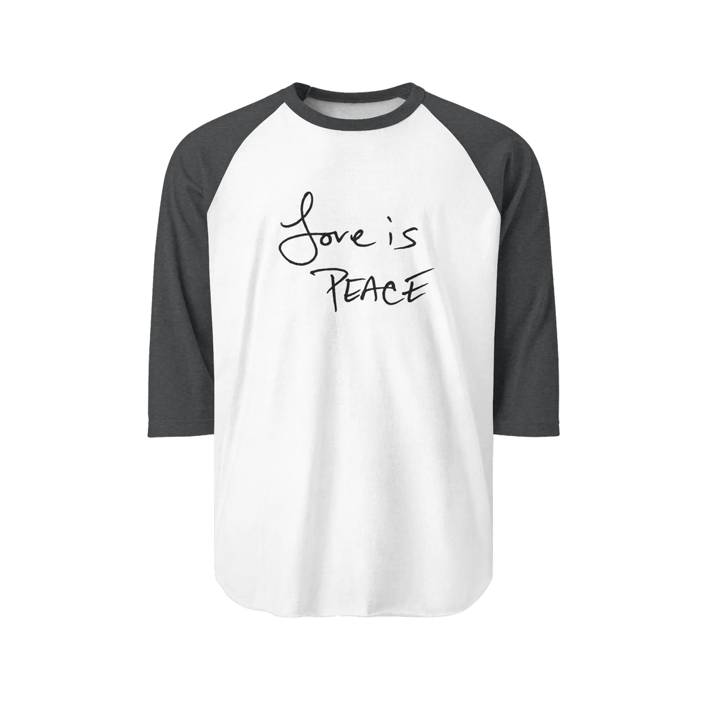 A White/Heather Charcoal Unisex three-quarter Sleeve Baseball Raglan Tee with heather charcoal Sleeves on white Shirt and "Love is Peace" in black text.