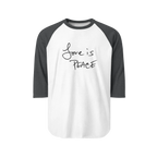 A White/Heather Charcoal Unisex three-quarter Sleeve Baseball Raglan Tee with heather charcoal Sleeves on white Shirt and "Love is Peace" in black text.