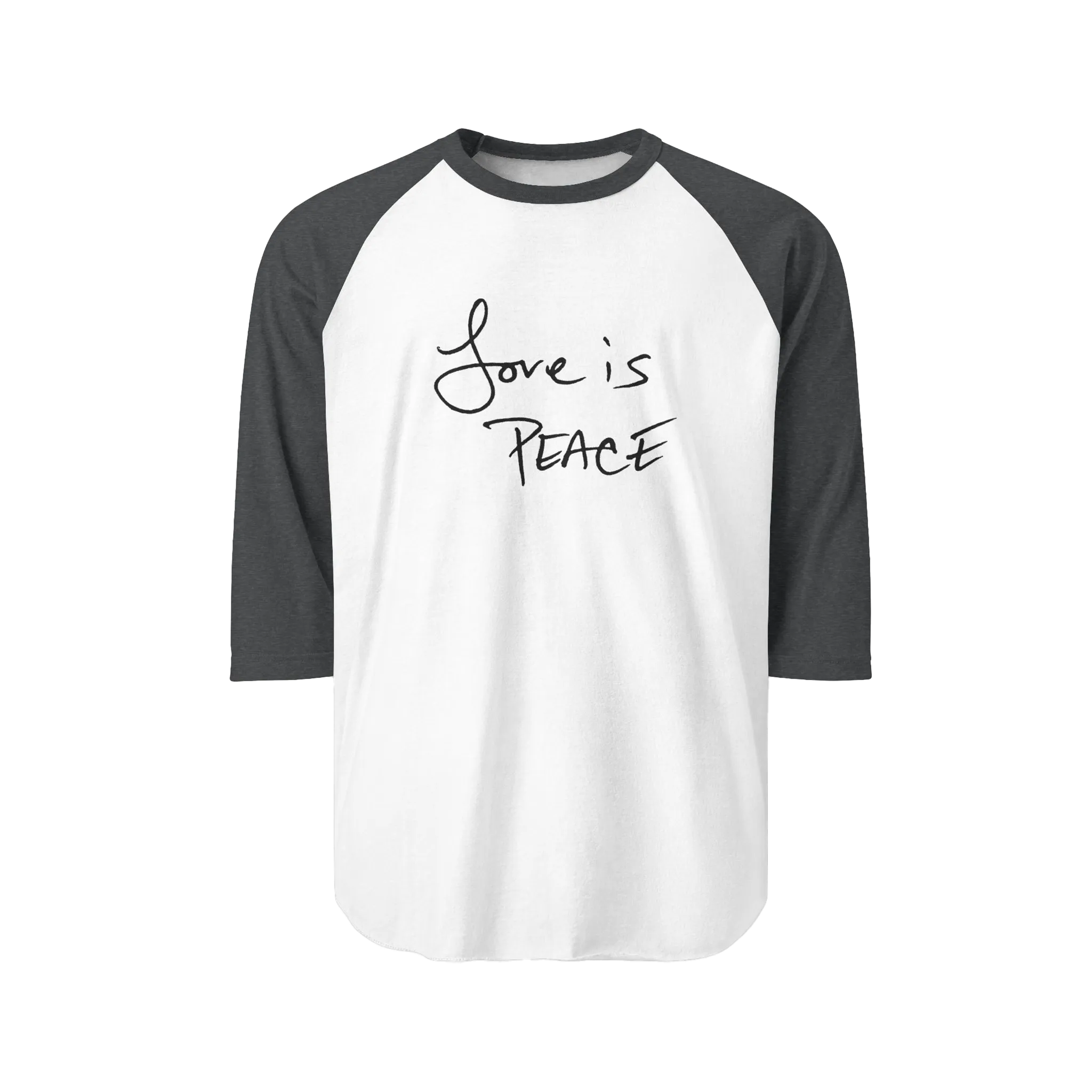 A White/Heather Charcoal Unisex three-quarter Sleeve Baseball Raglan Tee with heather charcoal Sleeves on white Shirt and "Love is Peace" in black text.