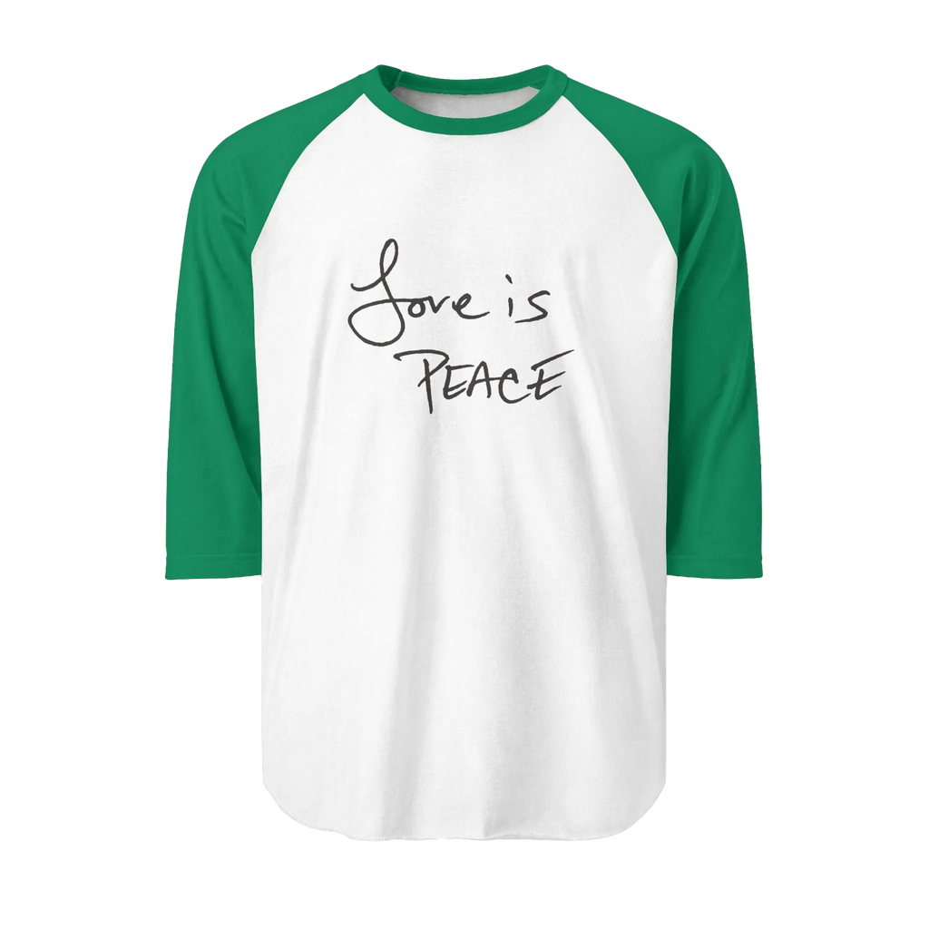 A White/Kelly Unisex three-quarter Sleeve Baseball Raglan Tee with Kelly Green Sleeves on white Shirt and "Love is Peace" in black text.