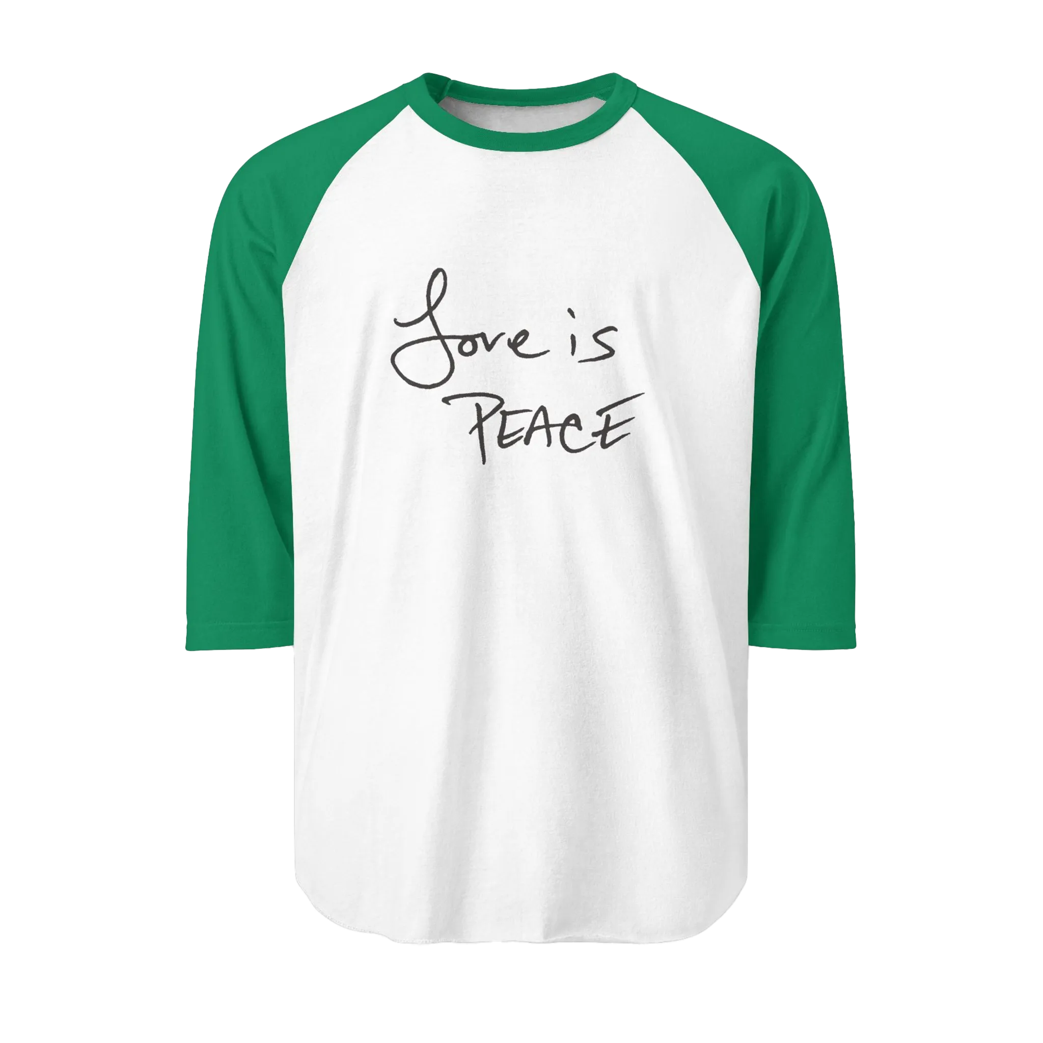 A White/Kelly Unisex three-quarter Sleeve Baseball Raglan Tee with Kelly Green Sleeves on white Shirt and "Love is Peace" in black text.