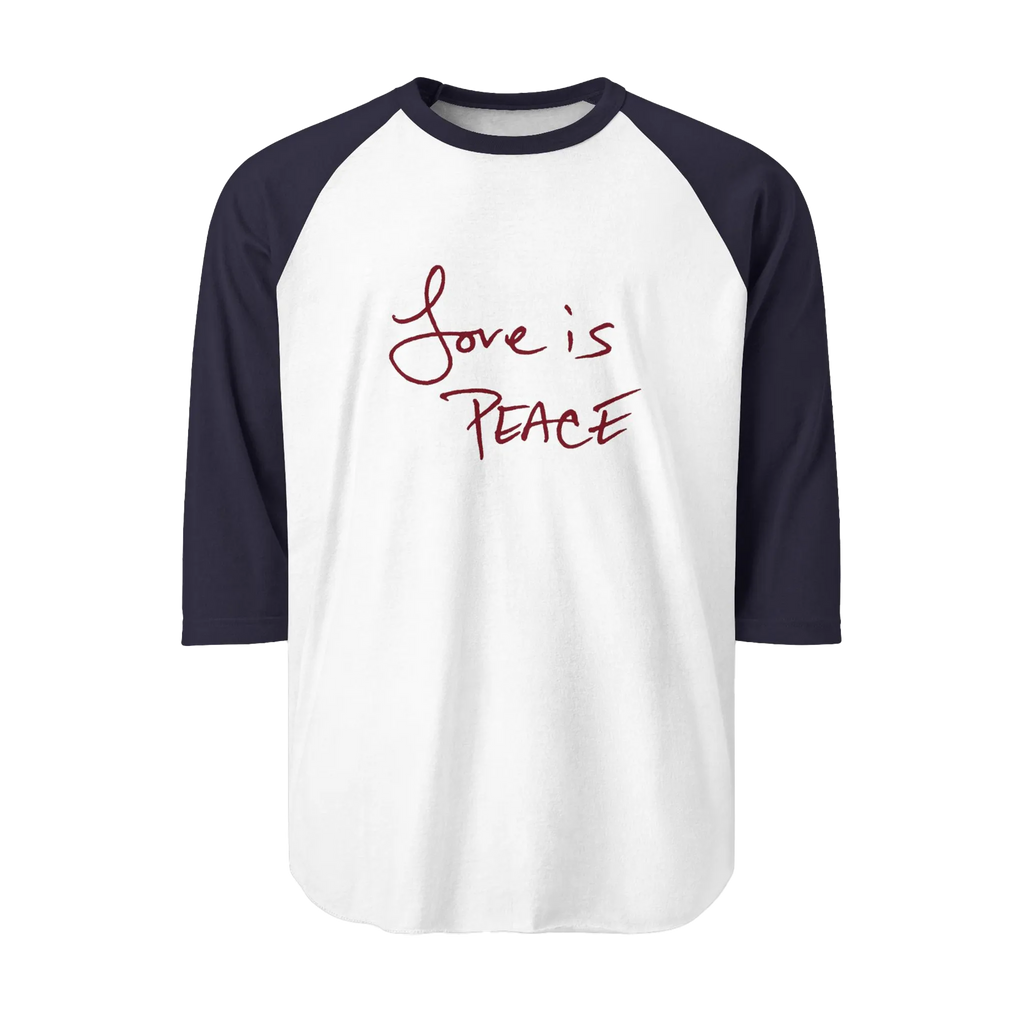 A White/navy Unisex three-quarter Sleeve Baseball Raglan Tee with navy sleeves on white Shirt and "Love is Peace" in red text.