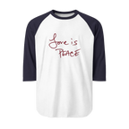 A White/navy Unisex three-quarter Sleeve Baseball Raglan Tee with navy sleeves on white Shirt and "Love is Peace" in red text.