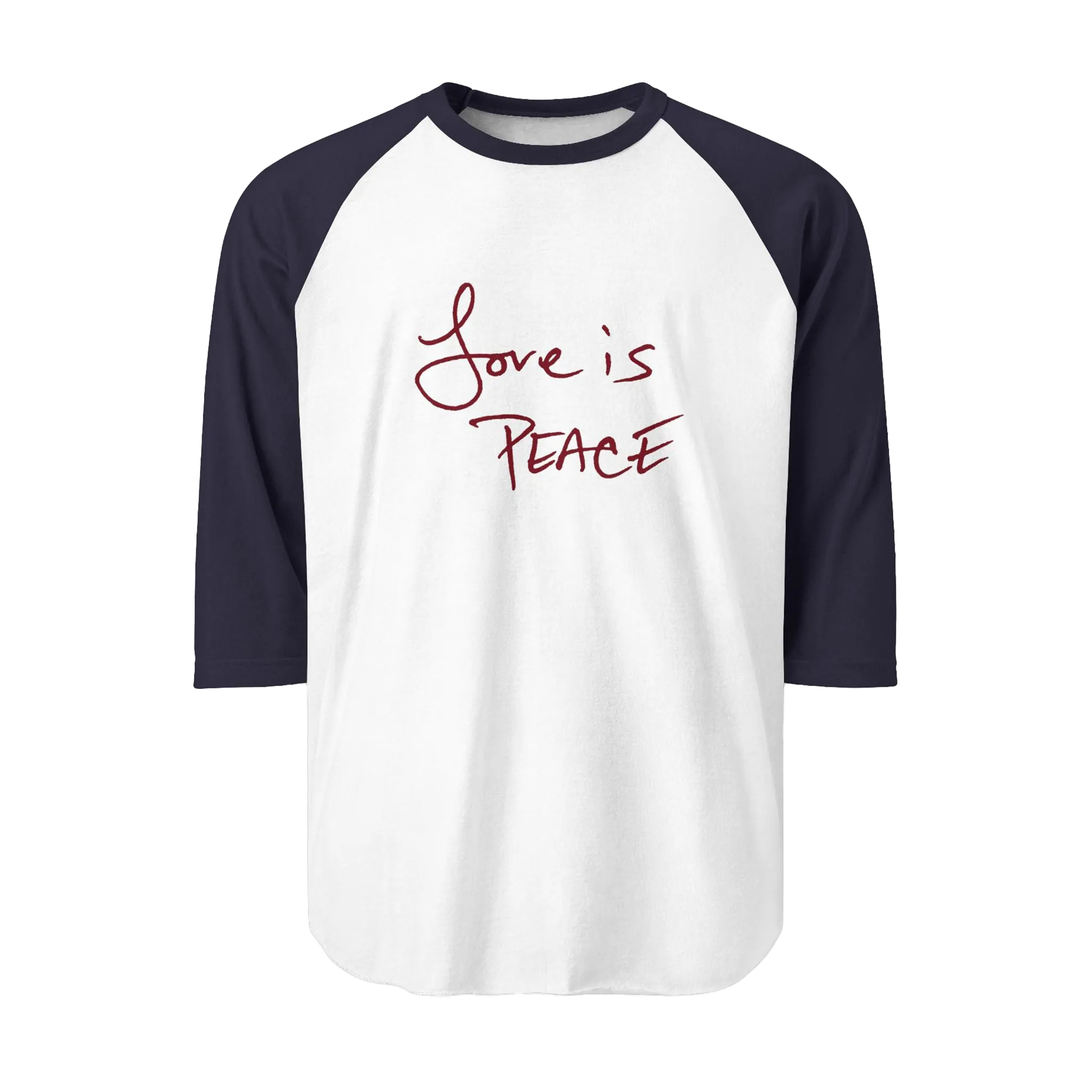 A White/navy Unisex three-quarter Sleeve Baseball Raglan Tee with navy sleeves on white Shirt and "Love is Peace" in red text.